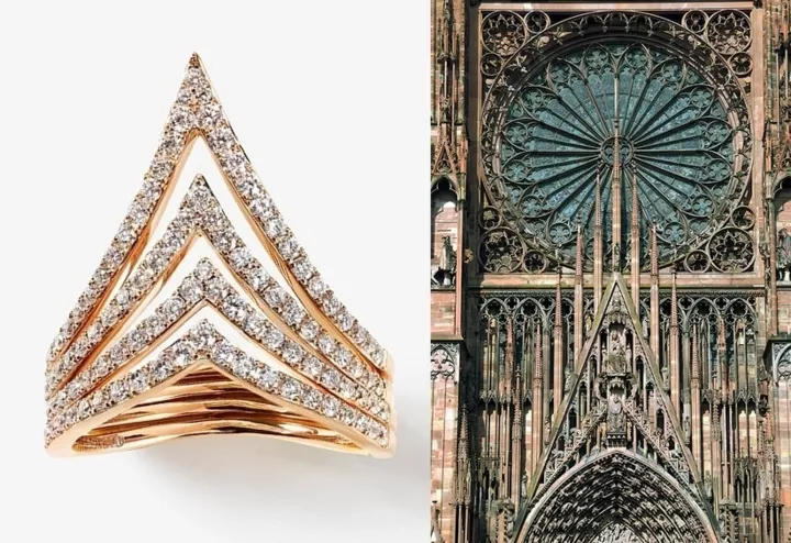 Кольцо Queen V, розовое золото, белые бриллианты, Messika / Страсбургский собор, строительство началось в 1015, северная башня высотой в 142 метра окончена в 1439, Страсбург