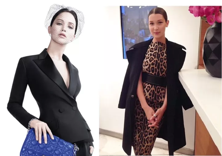 Слева: Дженнифер Лоуренс в рекламной кампании Dior. Справа: Белла Хадид