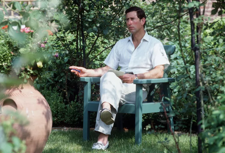 Принц Чарльз сидить у своєму саду в Хайгроуві, 1986