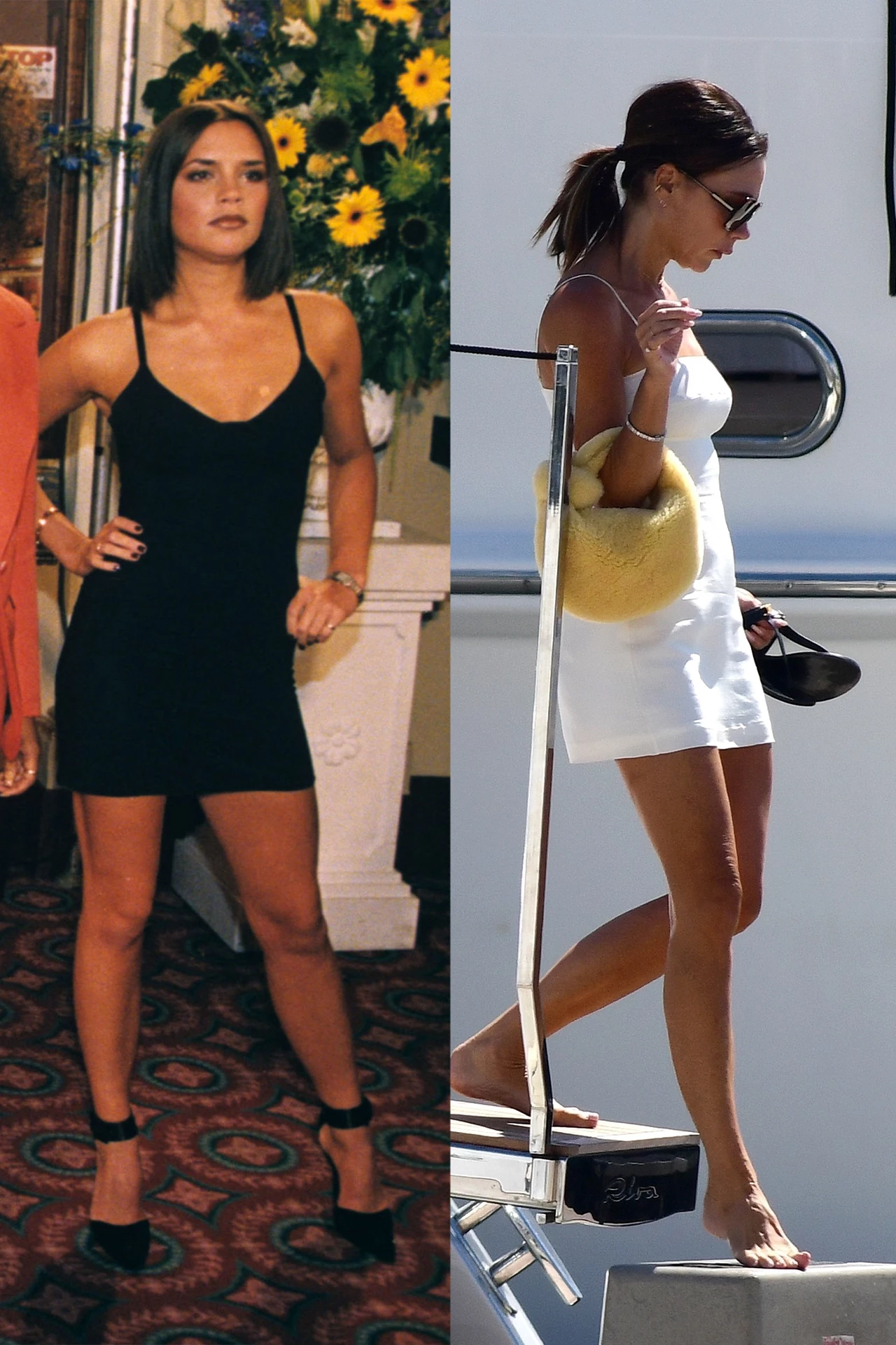 Вікторія в мінісукні у 1997 році за часів Spice Girls; Вікторія в білій мінісукні в Маямі у 2022 році.