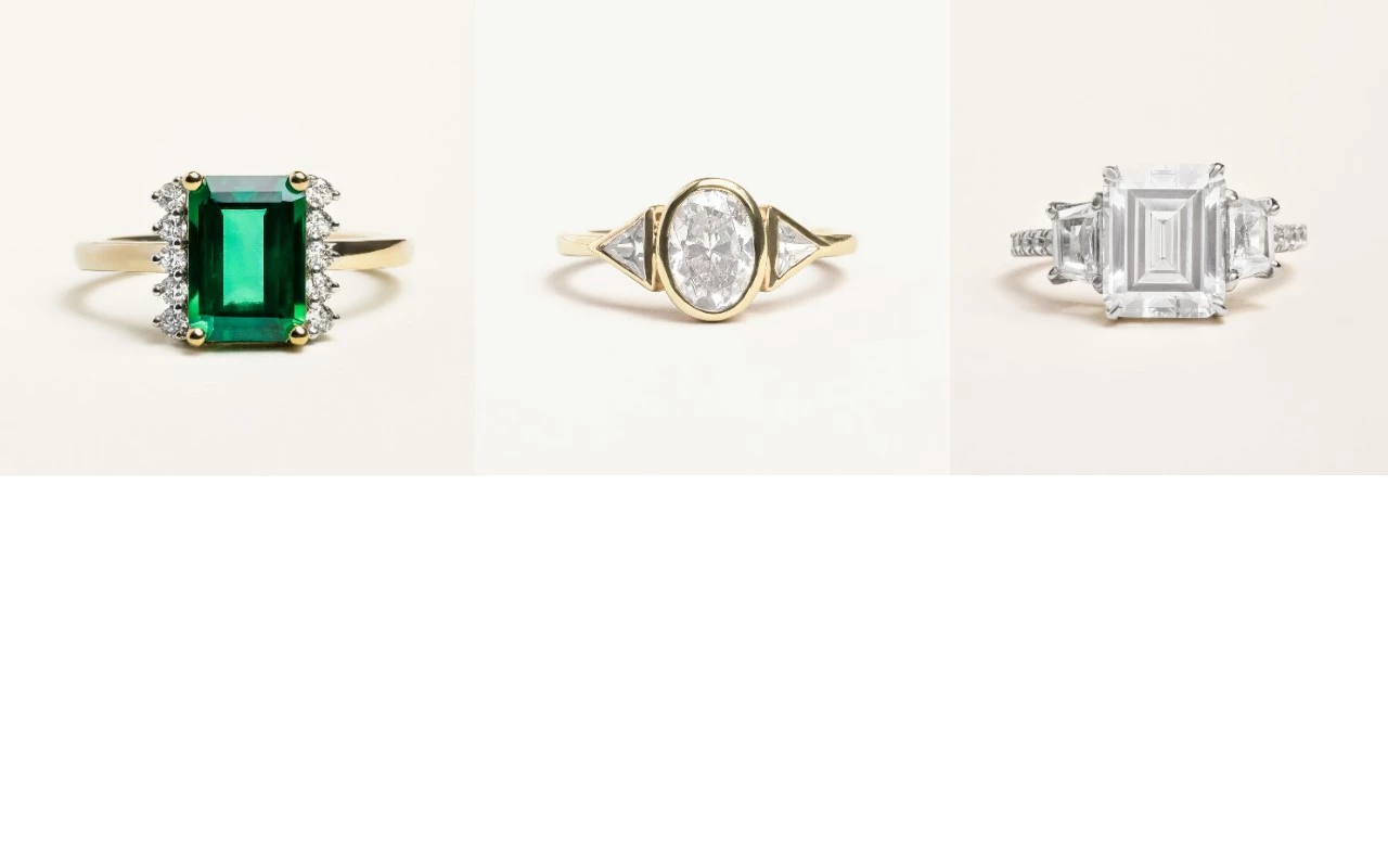 Proud Diamond Rectangular Emerald Engagement, Three Stone Oval and Trillion Cut Diamond, and Three Stone Emerald Cut Diamond Ring