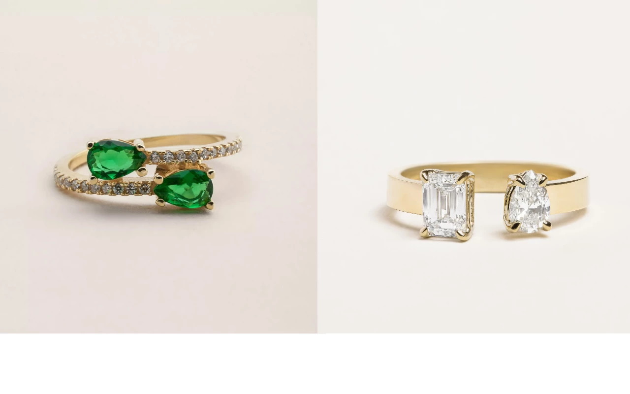 Proud Diamond Toi et Moi Emerald Ring and Emerald And Pear Toi et Moi Diamond Ring