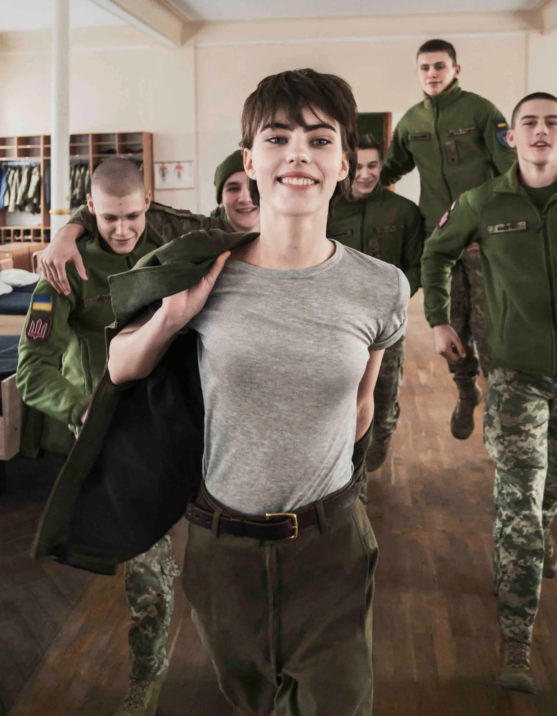 Model Karyna Mazyar and cadets of the Ivan Bohun Military High School in Kyiv, February 2024