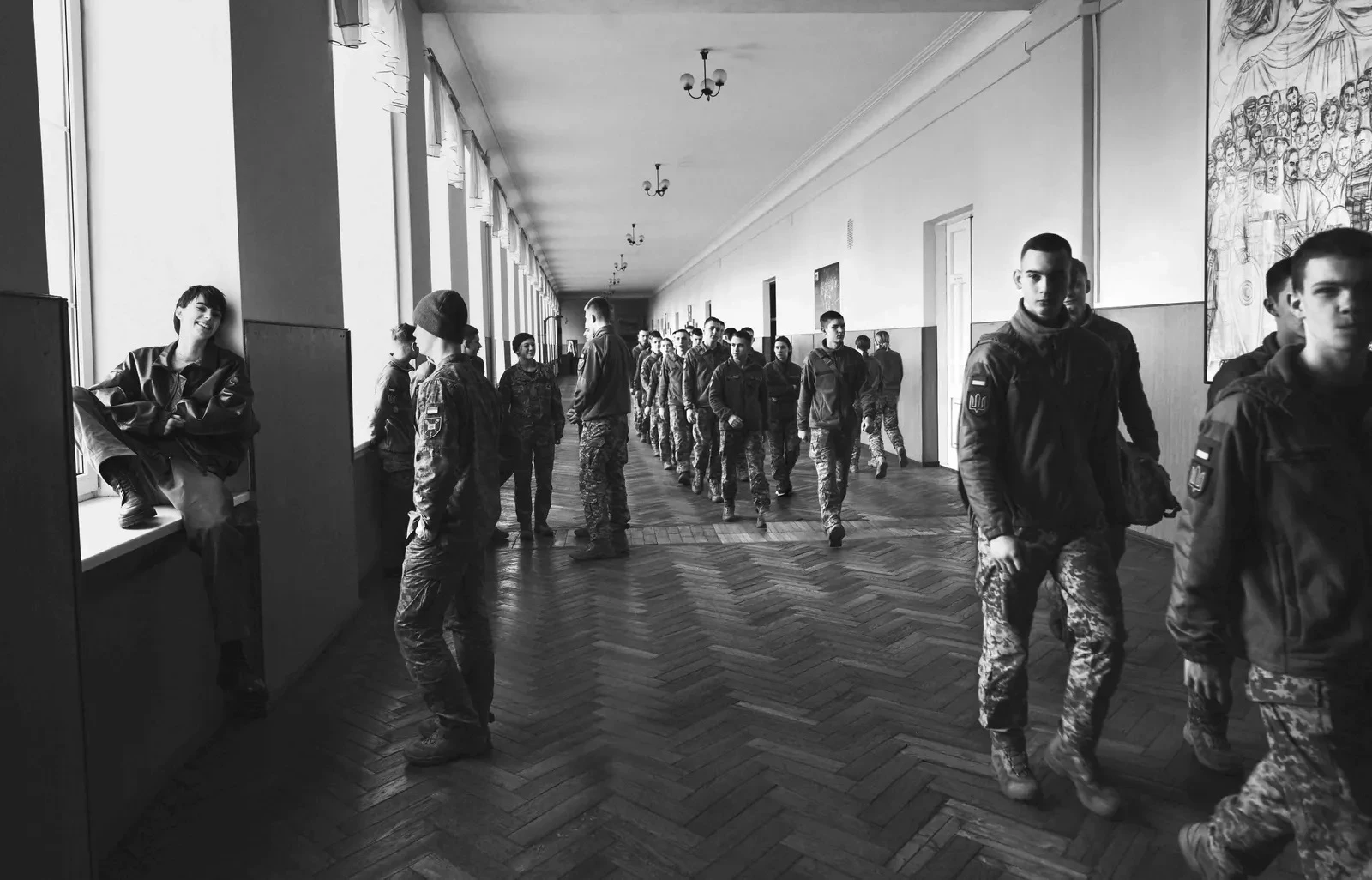 Model Karyna Mazyar and cadets of the Ivan Bohun Military High School
