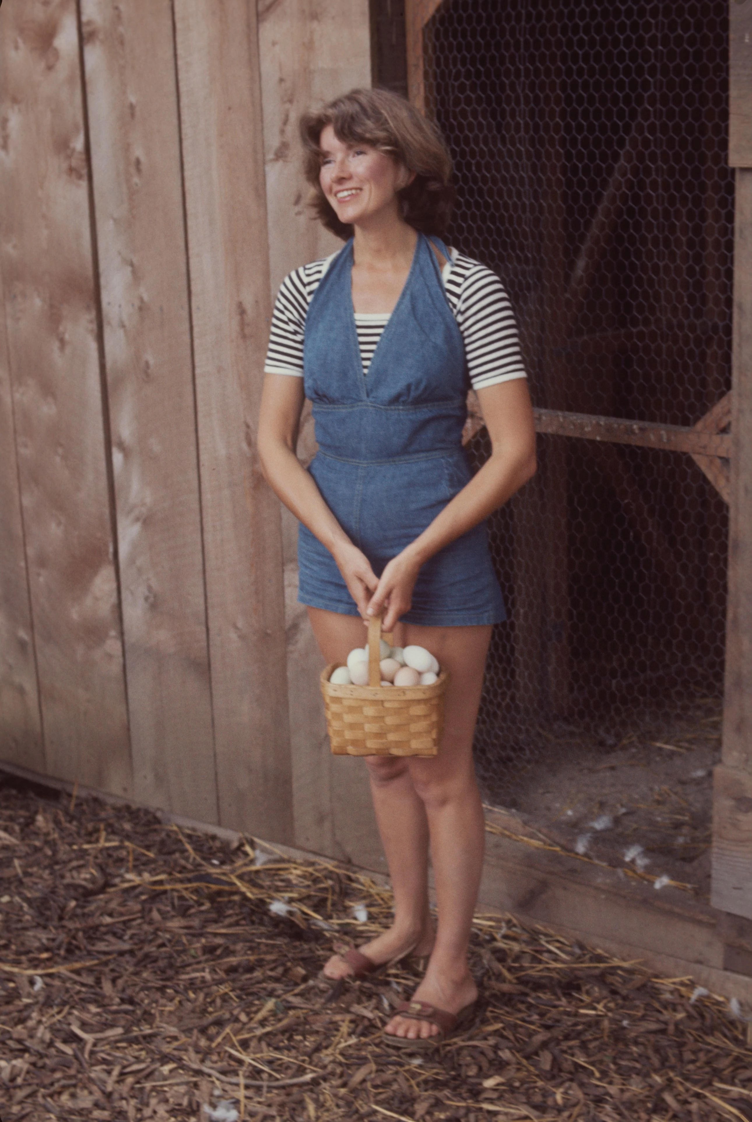 Марта Стюарт несе кошик свіжих яєць з курника на території свого фермерського маєтку в Вестпорті, штат Коннектикут, 1976 рік. Photo: Susan Wood Марта Стюарт несе кошик свіжих яєць з курника на території свого фермерського маєтку в Вестпорті, штат Коннектикут, 1976 рік. Photo: Susan Wood