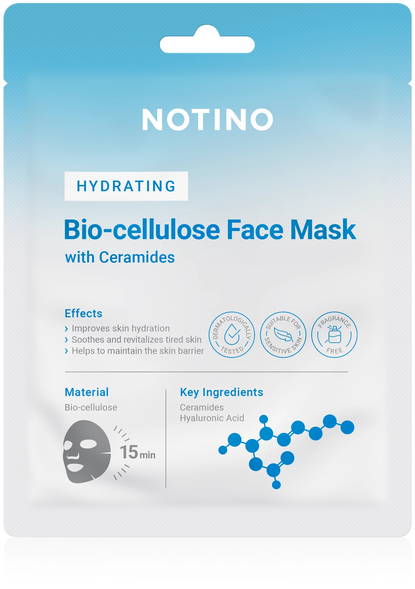 Зволожуюча біоцелюлозна маска для обличчя Notino з керамідами. Зволожуюча біоцелюлозна маска для обличчя Notino з керамідами.