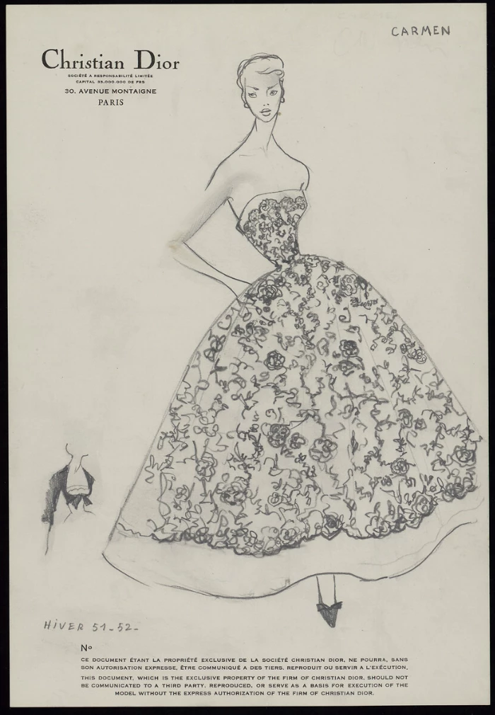 Ескіз сукні Carmen від Крістіана Діора. Був створений дизайнером і призначений для преси та клієнтів, щоб детальніше проілюструвати остаточний дизайн Ескіз сукні Carmen від Крістіана Діора. Був створений дизайнером і призначений для преси та клієнтів, щоб детальніше проілюструвати остаточний дизайн