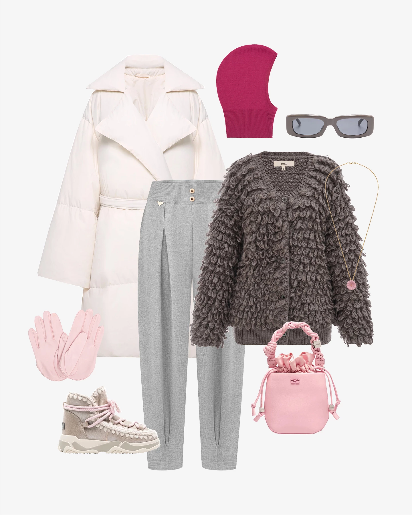 Пуховик AMG, кардиган та підвісок, усе – Gunia Project, штани T.Mosca, капор Ruslan Baginskiy, рукавички Gasanova, сумка Ganni, черевики Mou, окуляри The Attico x Linda Farrow Пуховик AMG, кардиган та підвісок, усе – Gunia Project, штани T.Mosca, капор Ruslan Baginskiy, рукавички Gasanova, сумка Ganni, черевики Mou, окуляри The Attico x Linda Farrow
