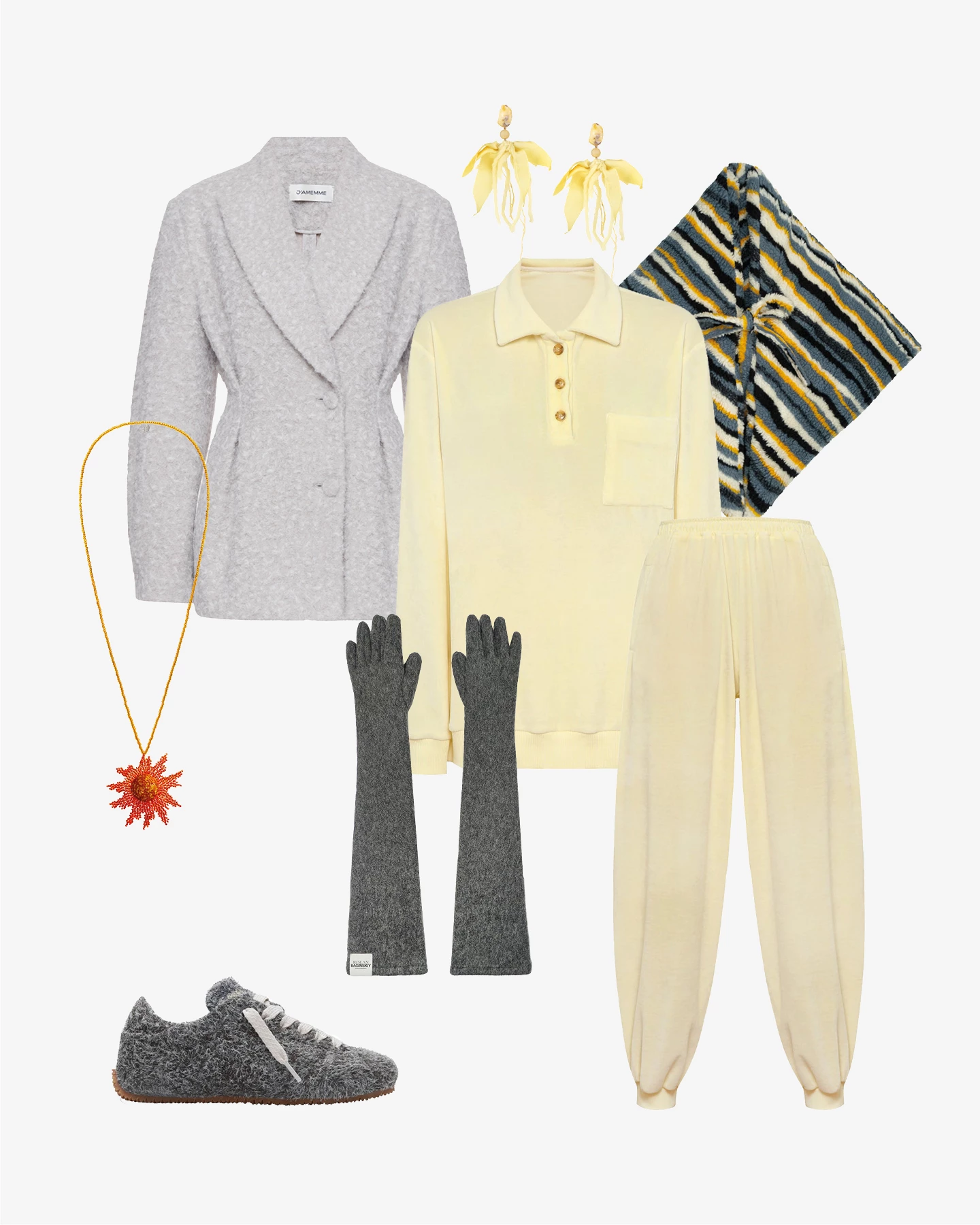 Жакет J'amemme, лонгслів та штани, усе – Salon Reading, рукавички, хустка та підвісок, усе – Ruslan Baginskiy, сережки Bobkova, кросівки Axel Arigato Жакет J'amemme, лонгслів та штани, усе – Salon Reading, рукавички, хустка та підвісок, усе – Ruslan Baginskiy, сережки Bobkova, кросівки Axel Arigato