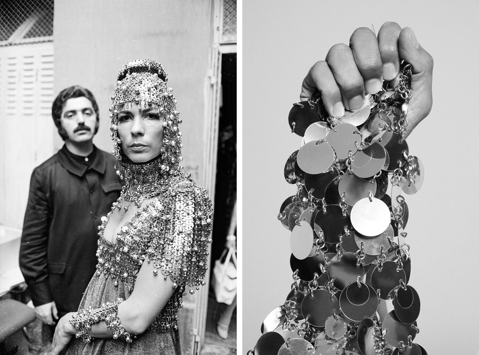Іспанський модельєр Пако Рабанн з моделлю Ізабель Фельдель, 1967 рік; знаменита кольчуга Rabanne, яку тримає Олів'є Рустен Іспанський модельєр Пако Рабанн з моделлю Ізабель Фельдель, 1967 рік; знаменита кольчуга Rabanne, яку тримає Олів'є Рустен